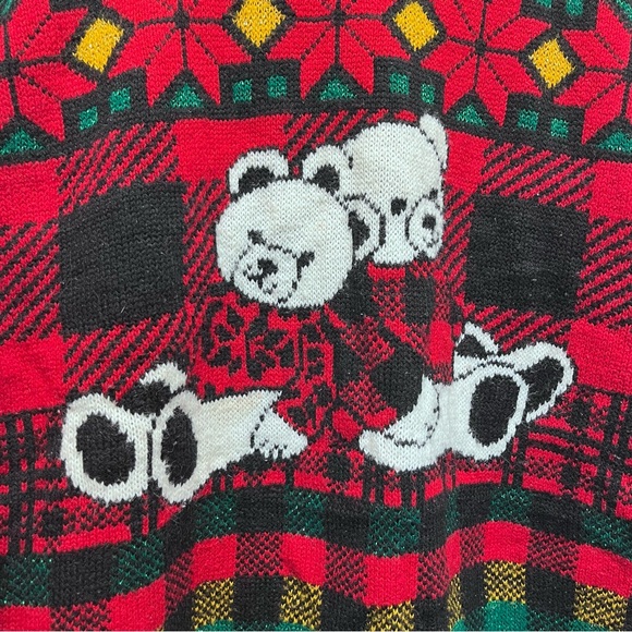 Vintage Teddy Bear Knit Holiday Sweater Red Black Metallic - Picture 2 of 8